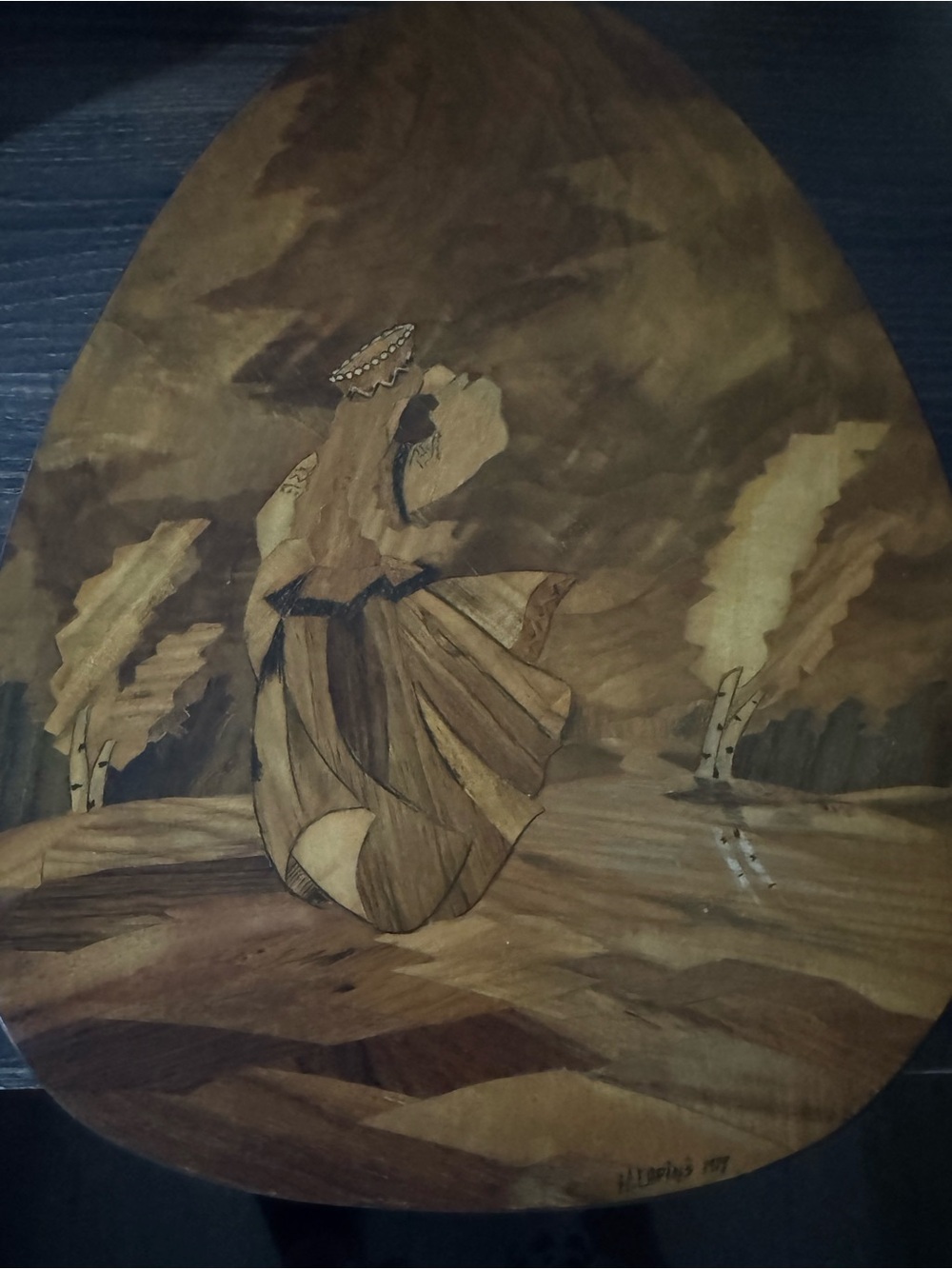 Vintage Herberts Lapins Marquetry Wood Inlay Wall Art Latvian Folk Dancer 1979